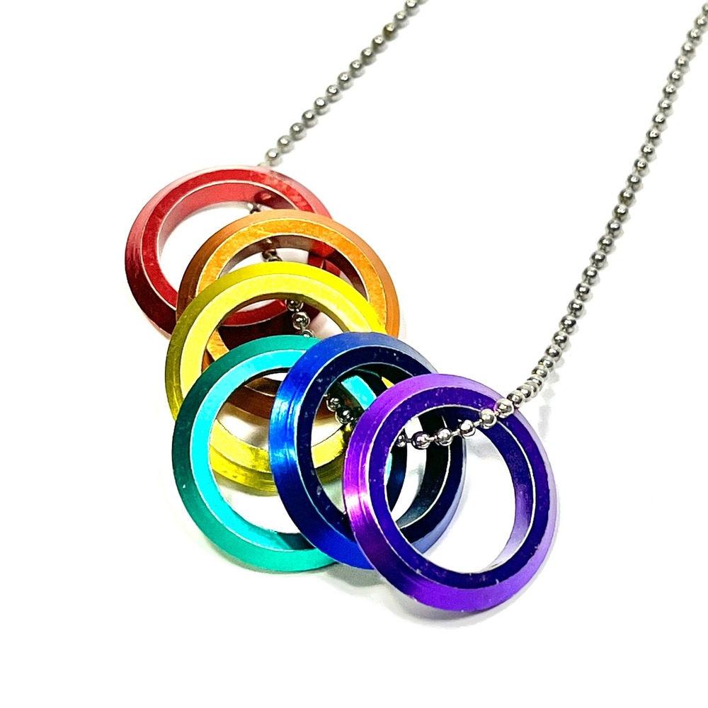 FREEDOM RINGS NECKLACE 20" Stainless Steel Chain LGBTQ PRIDE Gay Lesbian Rainbow